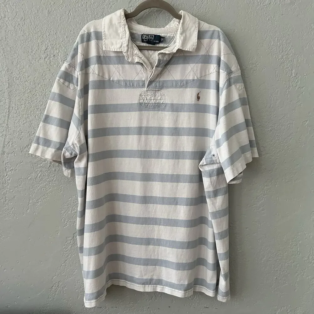Polo Ralph Lauren Rugby Shirt 4XB Big Blue White Stripe Cotton Flesh Pony Preppy